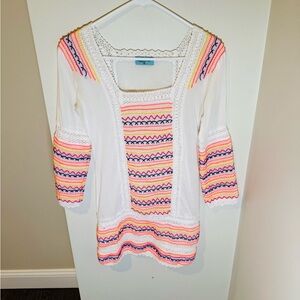 Letarte Handmade White W Vibrant Crochet Embroidered Cotton Coverup Size XS